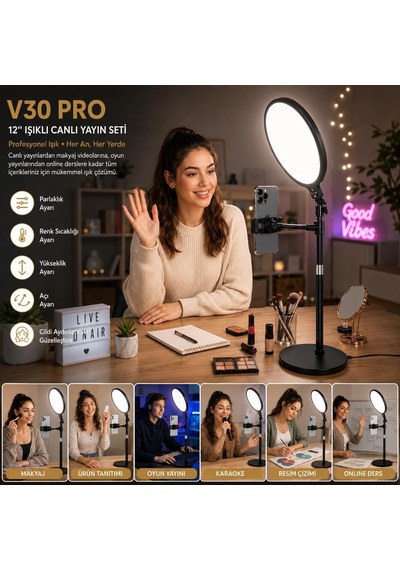 12 İnç Ring Light Telefon Tutuculu, 2700k-6500k Ayarlanabilir Işıklı Halka Lamba, Alüminyum Alaşımlı Canlı Yay