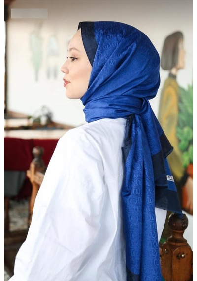 Premium Lux Original Monogram Şal İpek Vual, Yüksek Kalite, Hafif, Rahat, Şık, Tesettür, Shawl Saks Mavi Lacivert Şeritli
