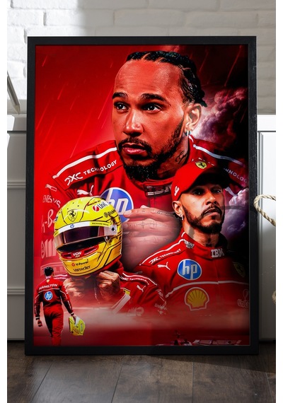 Lewis Hamilton Siyah Ahşap Çerçeveli Poster, Dekoratif Formula 1 Duvar Tablosu