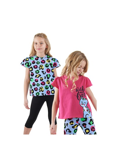Denokids Kız Çocuk Siyah Leopar 2'li T-shirt Takım Renkli
