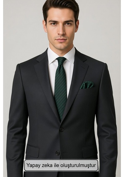 Gaffy Siyah Küp Desenli Yeşil Dokuma Kumaş Mendilli Slim Fit Kravat // Sdk-2605-8 Yeşil