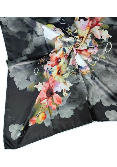 Mim Eşarp Emilya Rayon Çiçek Desenli Eşarp 90x90 Cm Siyah - Gri
