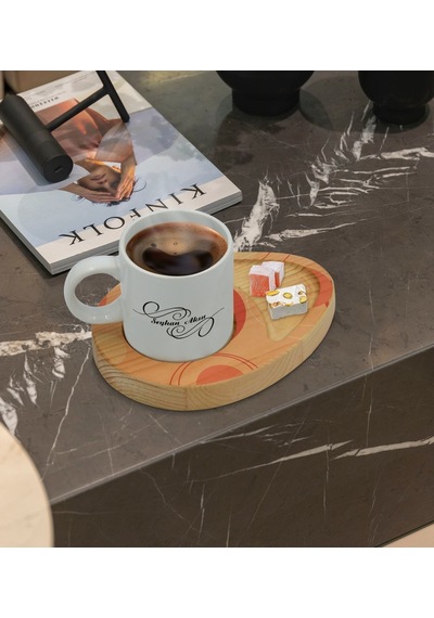 Kişiye Özel Modern Art Tasarımlı Doğal Ahşap Tabaklı Türk Kahvesi Fincanı Sunum Seti Model 13
