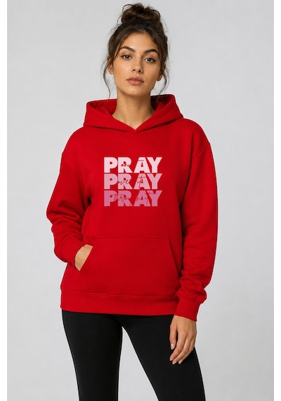 Herkesemoda Pray Baskılı Kapüşonlu 2 İplik Şardonlu Sweatshirt Kırmızı