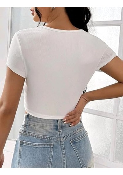 Rooted-kadın Kare & Havuz Yaka Crop T-shirt ,likralı Fitilli Kaşkorse Kumaş Beyaz
