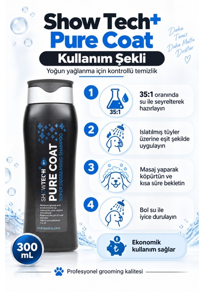 Showtech Pure Coat Yağ Giderici Kedi Köpek Şampuanı 300 Ml - 35:1 Konsantre İle Arındırıcı Şampuan