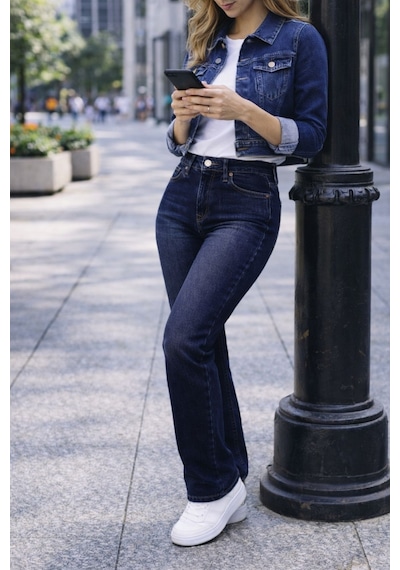 Cedy Denim Kadın Boru Paça Yüksek Bel Regular Fit Likralı Pantolon Mavi