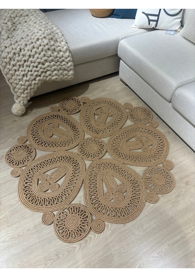 Mavaux Melody Jüt Doğal Hasır Kilim Bej Geometrik Bohem Yuvarlak El Örmesi Halı Jüt