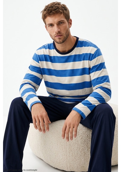 Siyah İnci Çizgi Desenli Pamuklu Örme Pijama Takım 8092 Saks Çizgi
