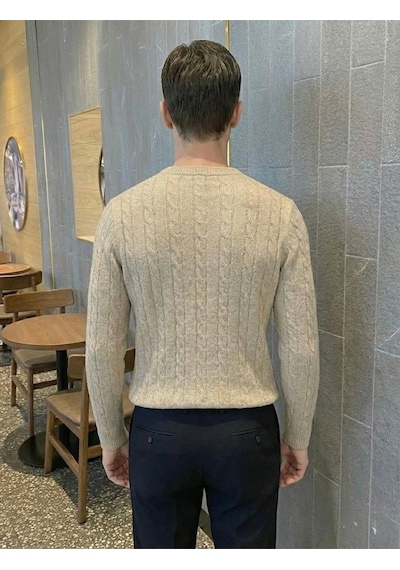 Erkek Bej Bisiklet Yaka Slim Fit Saç Örgülü Triko Kazak Bej