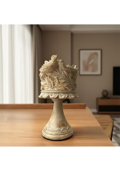 Dekoratif Polyester Kuşlu Ayaklı Şamdan Mumluk Krem Eskitme 23x11x10 Cm Çok Renkli