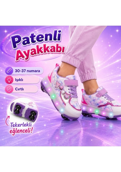 Patenli Işıklı Cırtlı Çocuk Sneaker Ayakkabı Lila Beyaz 30-37 Beyaz - Mor