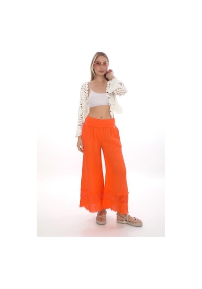 Eren Style İtalyan Fisto Detaylı Keten Pantolon-9186 Oranj