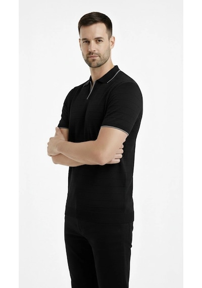 Barlashive Erkek Yazlık Dokuma Triko Tişört Düğmesiz Polo Yaka Kısa Kol T-shirt - Siyah Çok Renkli