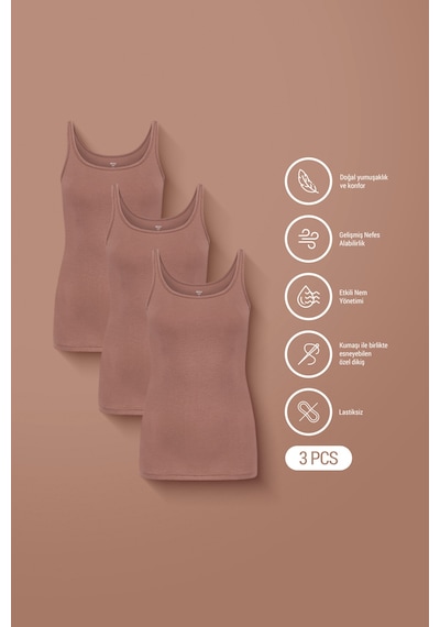 Auw Basic Kadın Derin Yaka Atlet Modal Pamuk 3'lü - Softfit Bronz