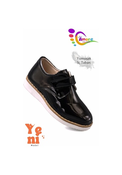 Sermoda Lil Amore Cırt Cırtlı Erkek Çocuk Ayakkabısı Okul & Sünnet Düğünü İçin Klasik Model Siyah Rugan Beyaz