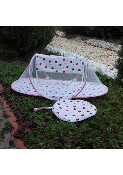 Çantalı Katlanabilir Bebek Cibinlik Gölgelik Çadırı 60x120 Cm Kalp Desenli, Sinek Ve Haşere Koruma