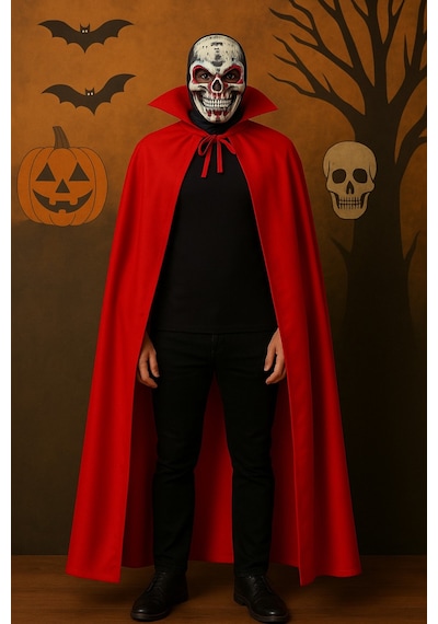 Yetişkin Kırmızı Yakalı 120 Cm Vampir Pelerini Ve Kanlı Kafatası Maskesi Seti Halloween Kostüm