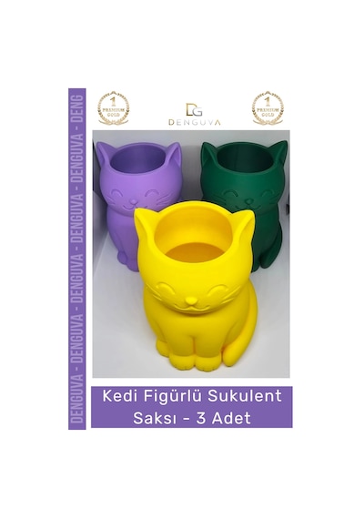 Sukulentsaksısı Dekoratif Renkli 11 Cm Home Ofis 3d Baskı Kedi Figürlü Sukulent Saksı - 3 Adet