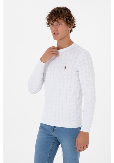 U.S. Polo Assn. Erkek Slim Fit Bisiklet Yaka Desenli Beyaz Kazak 50307836-VR013