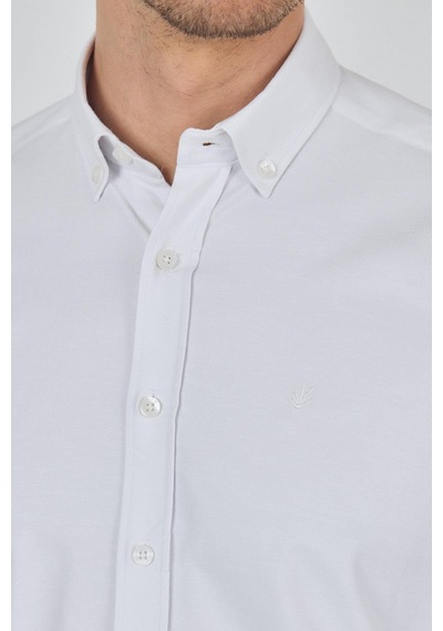 İmza Uzun Kol Düz Bez Ayağı Düğmeli Yaka Cepsiz Pamuklu Casual Slim Fit Gömlek 1004250212 Beyaz