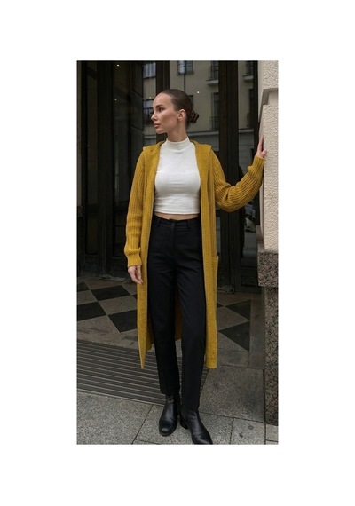 Onno Style Women Selanik Örgü Kadın Triko Uzun Hırka sarı