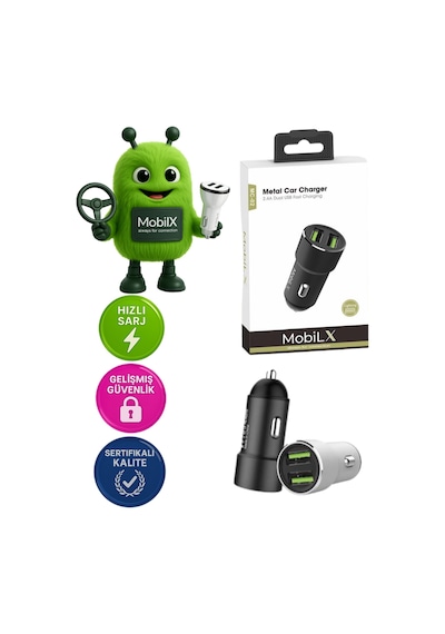 Mobilx Mc-02 2.4a Çift Usb Portlu Metal Araç Şarj Cihazı Type-c Ve Lightning Kablo Uyumlu Siyah