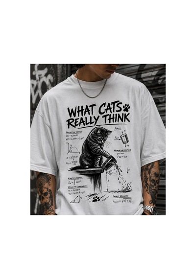 Qmen Style Unisex Beyaz Oversize Baskılı T-shirt Uzman Kedi Dolar %100 Pamuk