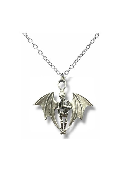 Gothic Kanatlı İskelet Figürlü Unisex Kolye 60 Cm Zincirli, Gotik Ve Karizmatik Tasarım Çok renkli