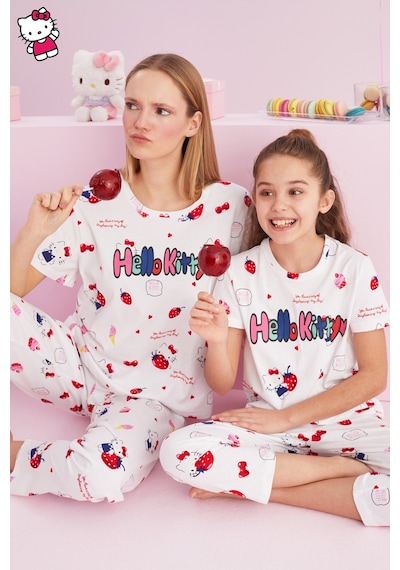 Siyah İnci Lisanslı %100 Pamuk Çok Renkli Bisklet Yaka Pijama Takım Hk009 Beyaz