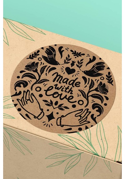 Siyah Kuşlu Çiçekli Made With Love Kraft Sticker 3x3cm St2297 Çok Renkli