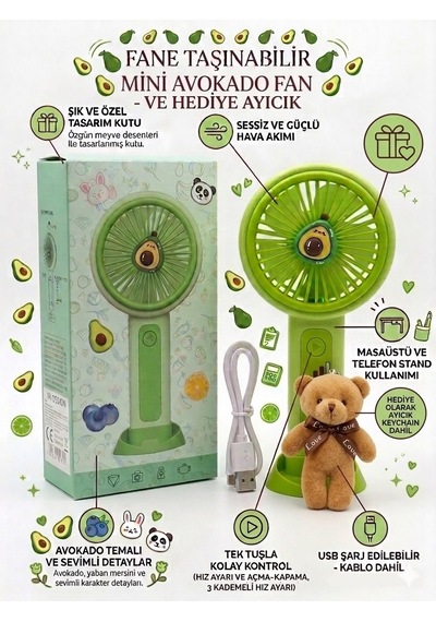 Taşınabilir Mini Fan Peluş Ayıcık Hediyeli Telefon Standlı Masaüstü Fan