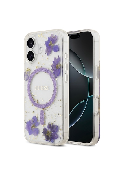 Apple Uyumlu iPhone 17 Kılıf Guess Lisanslı M-safe Özellikli Transparan Resin Flowers Kapak Mor Mor