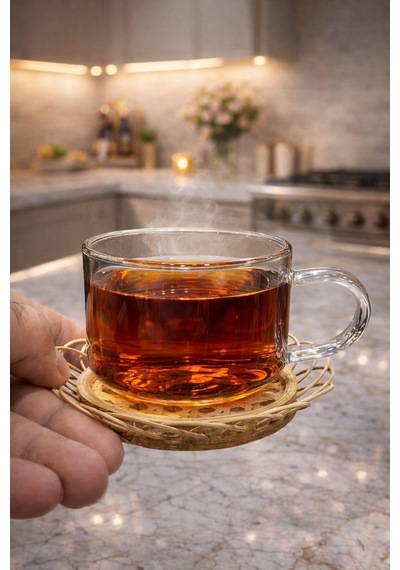 Qerhome 6'lı Borosilikat Cam Bambu El Yapımı Rattan Tabaklı Çay Ve Kahve Fincanı180 Ml Şeffaf