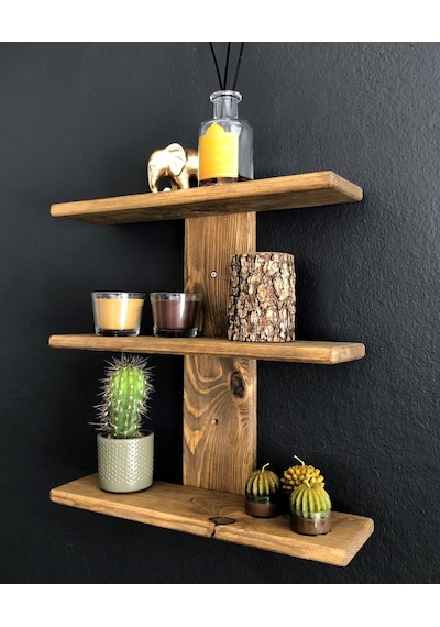 O&Awood Doğal Ahşap Dekoratif Minimal Duvar Rafı,3 Katlı Vintage, Retro A