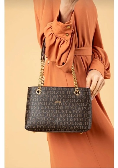 Just Polo Orijinal Kadın 3 Bölmeli Zincir Detaylı Ayarlanabilir Askılı Lüks El & Omuz Çantası Shoulder Bag Kahverengi