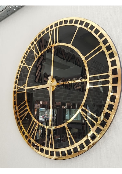 Ayna Denizi Golden Roma Model Altın Siyah Renk 50 Cm Dekoratif Aynalı Duvar Saati Siyah