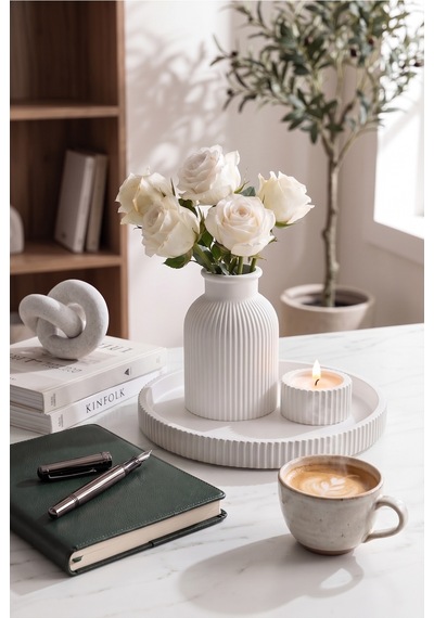Senfoni Vazo Dekoratif Set - Modern Minimalist Estetik Tasarım Dekoratif Set - Pilli Mum, Mumluk Ve Tepsi Dahil Ev Ofis Salon Dekorasyonu İçin Şık Kompozisyon - Ahenk Tasarım Beyaz