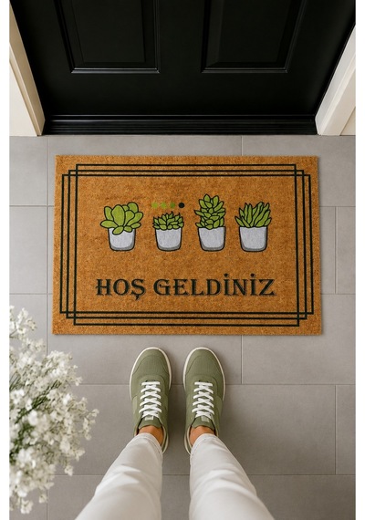 Saksı Figürlü Hoşgeldiniz Retro Tasarım Dekoratif Kapı Önü Paspası 40x60cm Çok Renkli