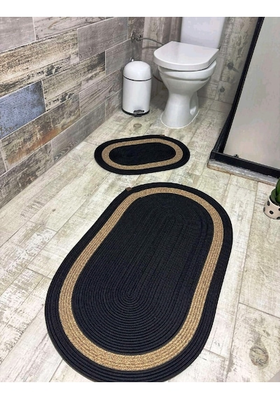 Jüt Hasır 2li Banyo Paspas Takımı-siyah Ortası Bej Bej