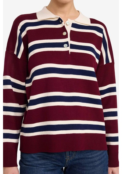 Defacto Oversize Geniş Kalıp Polo Yaka Çizgili Kazak G7178ax25wnbr467 Bordo-br467