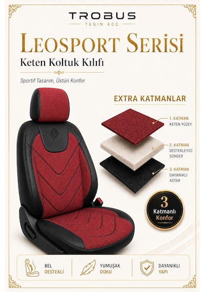Renault Fluence 2010 Sonrası Uyumlu Leosport Serisi Kırmızı Siyah Ortopedik Keten Koltuk Kılıfı