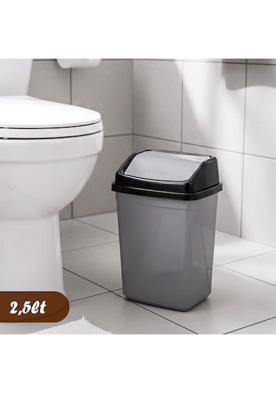 Porsima 0102 Kapaklı Gri-siyah Çöp Kutusu - Favori Banyo Ve Mutfak Çöp Kovası 2,5lt Gri