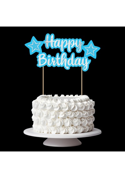 Mavi Gümüş Yıldız Temalı Happy Birthday Kaligrafi Pasta Üstü Süs Tüm Yaşlar
