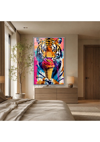 Dondurma Külahıyla Pop-art Kaplan Portresi Gümüş Çerçeveli Cam Tablo