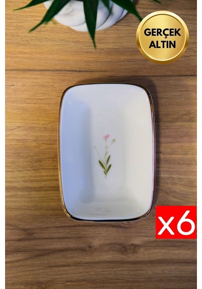 Tabak Evi Porselen Natura Çuha Altın Yaldızlı Dikdörtgen Kayık Tabak 12x8,50cm 6 Lı Çok Renkli