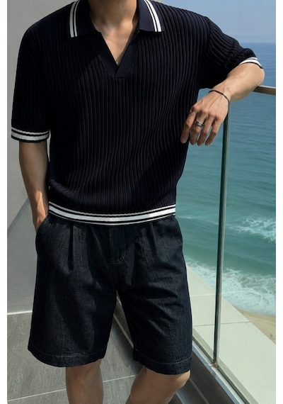 Tarz Cool Oversize Fit Çizgili Triko Polo Yaka Erkek Tişört Ribana Dokulu Premium Yazlık Model Siyah