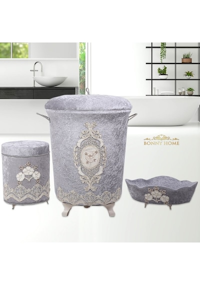 Lisa Gri 3Lü Kadife Banyo Kirli Çamaşır Sepeti Seti Gri