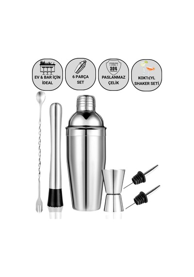 Polham 6 Parça 750ml Paslanmaz Çelik Kokteyl Shaker Seti Ev Ve Bar İçin İdeal, Sızdırmaz Kapaklı