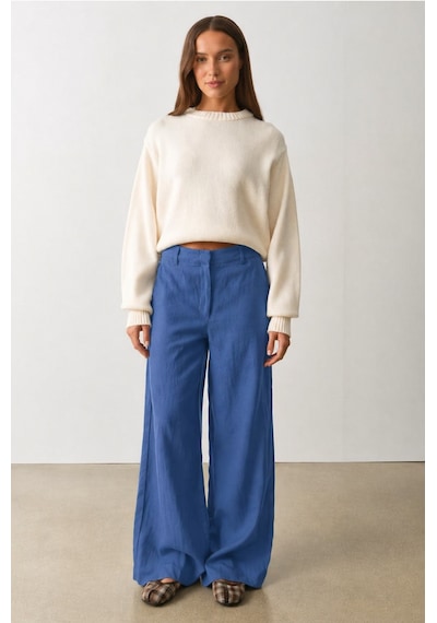 Madmext İndigo Yüksek Bel Keten Wide Leg Pantolon Mg2718